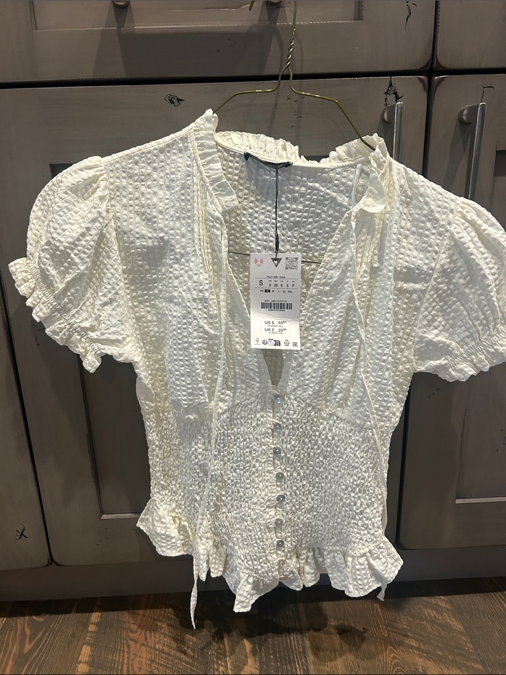 Zara Pale Yellow Smocked Ruffle Button-Front Blouse
